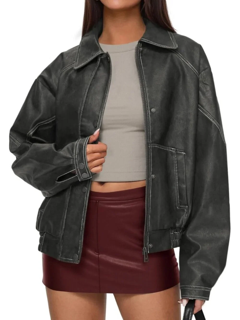 Women's Bomber Motorcycle Zip Up Jackets Oversized Faux Leather Jacket Grey